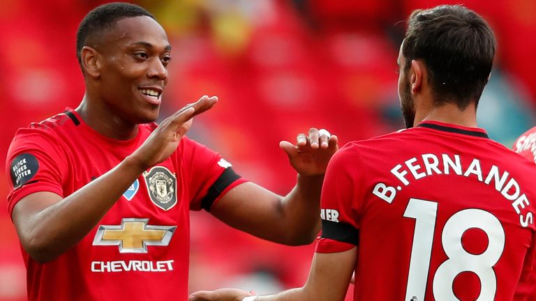 Anthony Martial celebrates with Bruno Fernandes after scoring Manchester United's second goal against Southampton