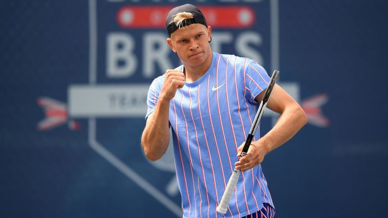 Anton Matusevich of Union Jacks celebrates in his singles match against Liam Broady of British Bulldogs during day two of the St. James's Place Battle Of The Brits Team Tennis at National Tennis Centre on July 28, 2020 in London, England