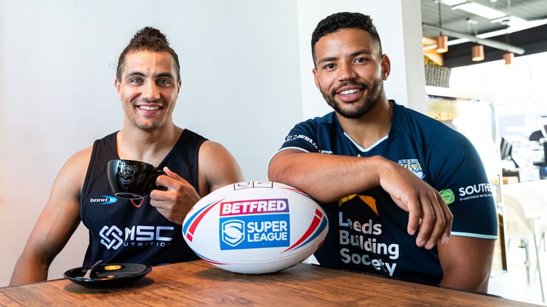 Picture by Alex Whitehead/SWpix.com - 29/07/2020 - Rugby League - Horsforth, Yorkshire, England - Ashton Golding of Huddersfield Giants (L) is pictured at his recently opened coffee shop, Haus of Coffee, alongside Kruise Leeming of Leeds Rhinos (R) ahead of their game on Sunday as the Betfred Super League restarts following the Coronavirus (Covid-19) pandemic.