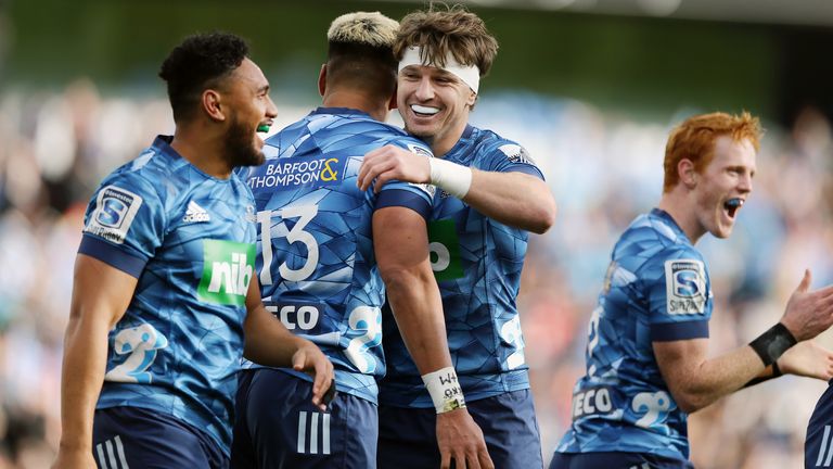 Beauden Barrett and Rieko Ioane of the Blues celebrate a try during the round 7 Super Rugby Aotearoa match between the Blues and the Chiefs at Eden Park on July 26, 2020 in Auckland, New Zealand. 