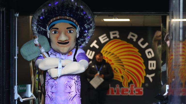 EXETER, ENGLAND - DECEMBER 15: Exeter Chief's mascot in the tunnel during the Heineken Champions Cup Round 4 match between Exeter Chiefs and Sale Sharks at Sandy Park on December 15, 2019 in Exeter, England. (Photo by Michael Steele/Getty Images)
