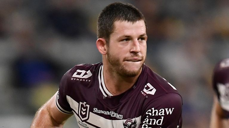 TOWNSVILLE, AUSTRALIA - JULY 24: Cade Cust of the Sea Eagles runs the ball during the round 11 NRL match between the North Queensland Cowboys and the Manly Warringah Sea Eagles at Queensland Country Bank Stadium on July 24, 2020 in Townsville, Australia. (Photo by Ian Hitchcock/Getty Images)