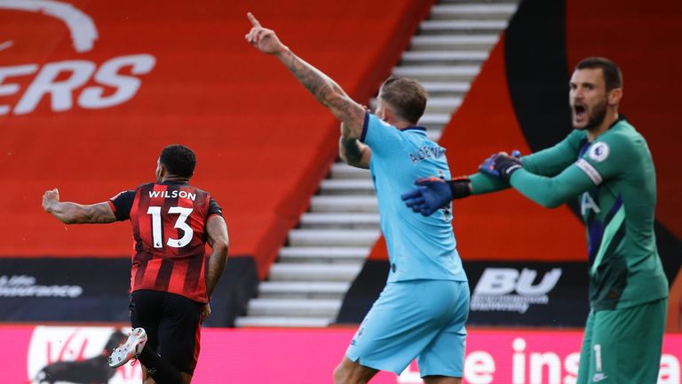 Tottenham players appeal for handball as Callum Wilson celebrates, but VAR ruled out the goal