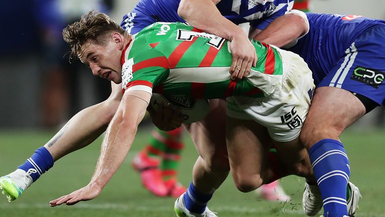 SYDNEY, AUSTRALIA - JULY 05: Cameron Murray of the Rabbitohs is tackled during the round eight NRL match between the Canterbury Bulldogs and the South Sydney Rabbitohs at Bankwest Stadium on July 05, 2020 in Sydney, Australia. (Photo by Mark Metcalfe/Getty Images)