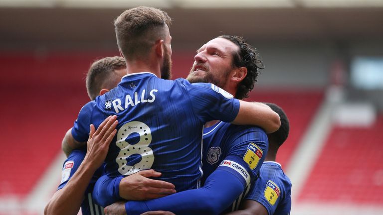 MIDDLESBROUGH, ENGLAND - JULY 18: Sean Morrison and Joe Ralls of Cardiff City FC during the Sky Bet Championship match between Middlesbrough and Cardiff City at Riverside Stadium on July 18, 2020 in Middlesbrough, England. (Photo by Cardiff City FC/Getty Images)