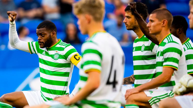 LYON, FRANCE - JULY 18:  Celtic's Olivier Ntcham takes the knee during the friendly match between  Lyon and Celtic at the Groupama Stadium on July 18, 2020, in Lyon, France.  