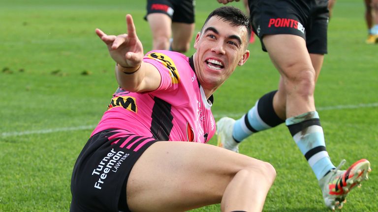 SYDNEY, AUSTRALIA - JULY 11: Charles Staines of the Panthers celebrates scoring a try during the round nine NRL match between the Cronulla Sharks and the Penrith Panthers at Netstrata Jubilee Stadium on July 11, 2020 in Sydney, Australia. (Photo by Jason McCawley/Getty Images)