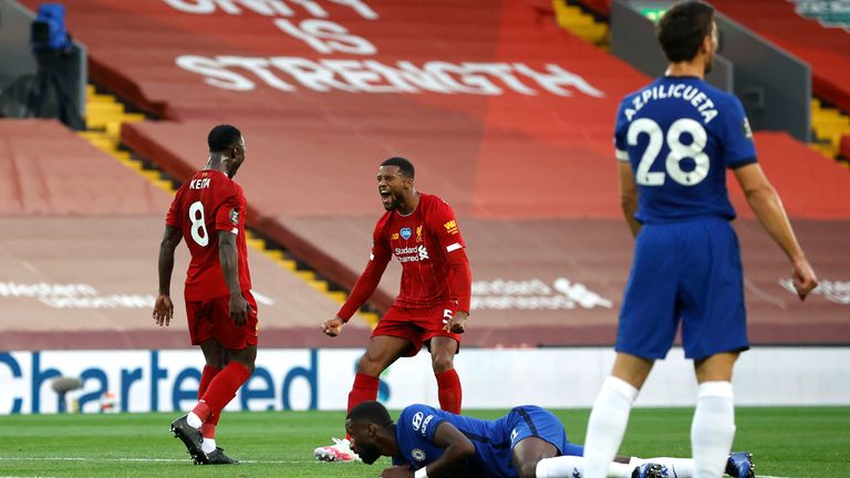 Liverpool's Gini Wijnaldum celebrates his team's opening goal in their 5-3 win over Chelsea at Anfield