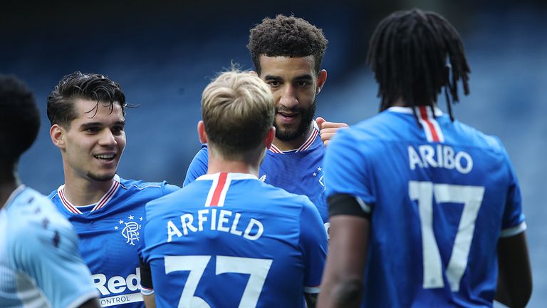 Connor Goldson celebrates after he scored Rangers' second goal
