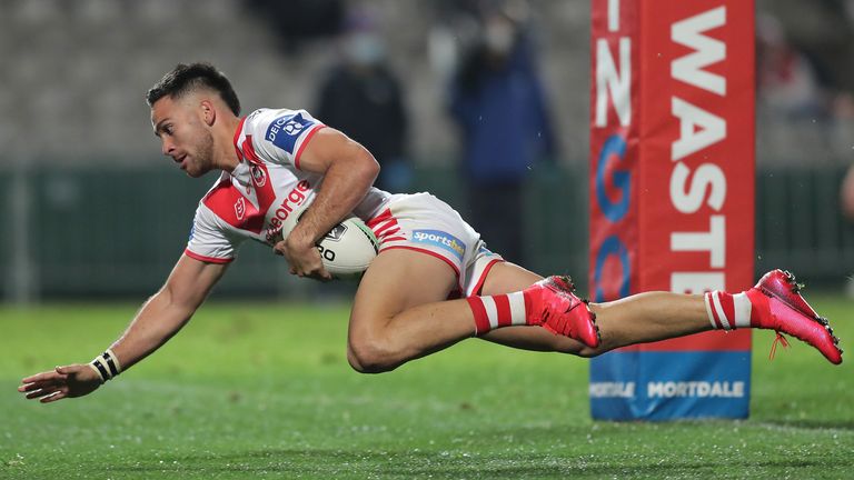 SYDNEY, AUSTRALIA - JULY 12: Corey Norman of the Dragons scores a try during the round nine NRL match between the St George Illawarra Dragons and the Manly Sea Eagles at Netstrata Jubilee Stadium on July 12, 2020 in Sydney, Australia. (Photo by Matt King/Getty Images)