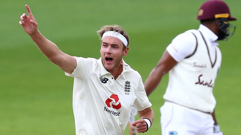 Stuart Broad celebrates taking the wicket of West Indies' John Campbell in the second Test at Old Trafford