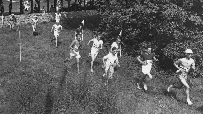 Competitors in action during the men's cross country event at the 1924 Summer Olympics