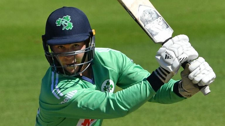 SOUTHAMPTON, ENGLAND - JULY 30: Curtis Campher of Ireland hits out during the First One Day International between England and Ireland in the Royal London Series at The Ageas Bowl on July 30, 2020 in Southampton, England.