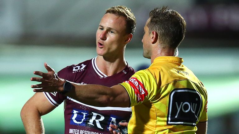 SYDNEY, AUSTRALIA - JULY 05: Daly Cherry-Evans of the Sea Eagles speaks with Referee Grant Atkins after a penalty was not awarded on full time during the round eight NRL match between the Manly Sea Eagles and the Newcastle Knights at Lottoland on July 05, 2020 in Sydney, Australia. (Photo by Jason McCawley/Getty Images)