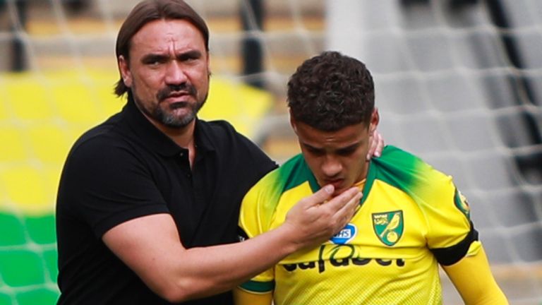 Daniel Farke comforts Max Aarons after Norwich's relegation