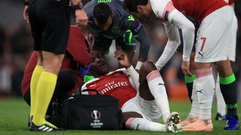 Danny Welbeck suffered an ankle injury for Arsenal against Sporting in November 2018