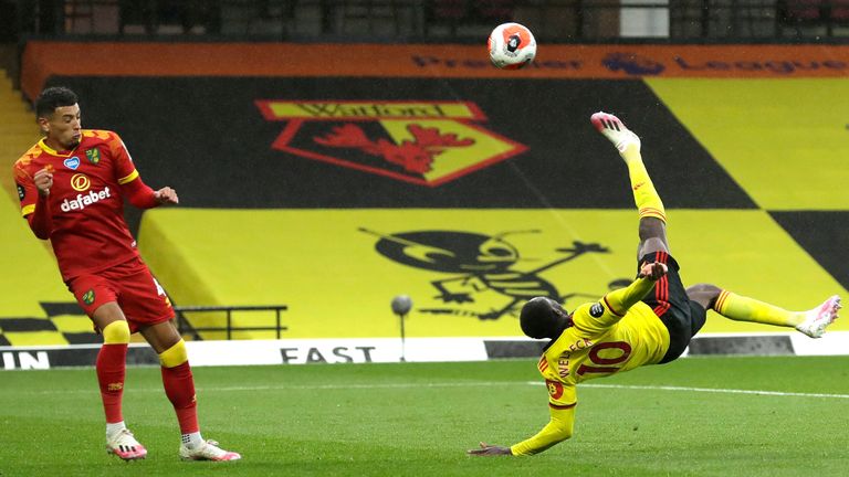 Danny Welbeck scores Watford's second goal against Norwich