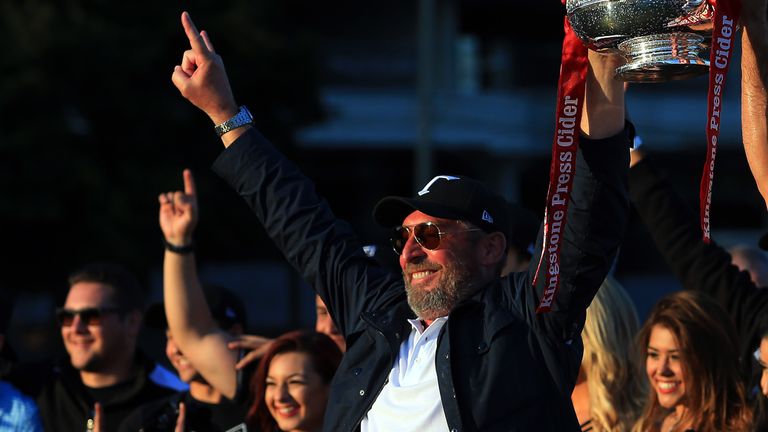TORONTO, ON - SEPTEMBER 09: Toronto Wolfpack Chairman David Argyle and Captain Craig Hall #4 lift the Championship 1 Promotion Trophy after victory over Barrow Raiders following a Kingstone Press League 1 Super 8s match at Lamport Stadium on September 9, 2017 in Toronto, Canada. (Photo by Vaughn Ridley/SWpix.com)