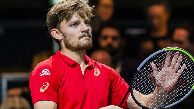 David Goffin from Belgium reacts as he plays against Robin Haase of The Netherlands on the first round of the ABN AMRO World Tennis Tournament in Rotterdam, Netherlands, on February 12, 2020.