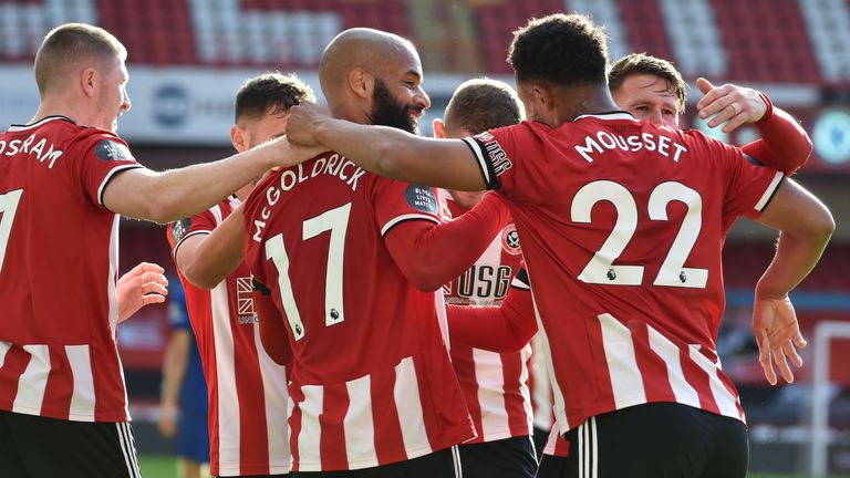 David McGoldrick celebrates scoring his second goal against Chelsea for Sheffield United