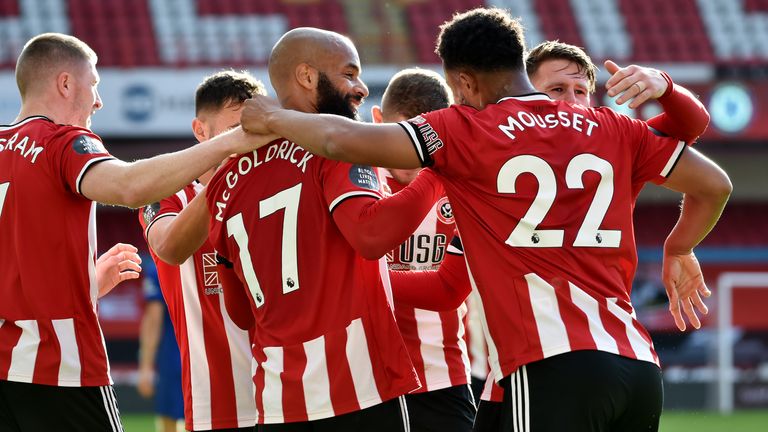 Sheffield United's David McGoldrick celebrates scoring his side's third goal of the game against Chelsea