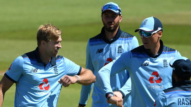SOUTHAMPTON, ENGLAND - JULY 30: David Willey of England celebrates the wicket of Paul Stirling of Ireland with teammates during the First One Day International between England and Ireland in the Royal London Series at The Ageas Bowl on July 30, 2020 in Southampton, England. (Photo by Mike Hewitt/Getty Images)