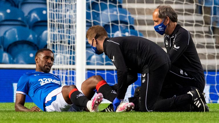 GLASGOW, SCOTLAND - JULY 22: Rangers' Jermain Defoe goes down with an injury during a pre-season friendly match between Rangers and Motherwell at Ibrox Stadium, on July 22, 2020, in Glasgow, Scotland. 