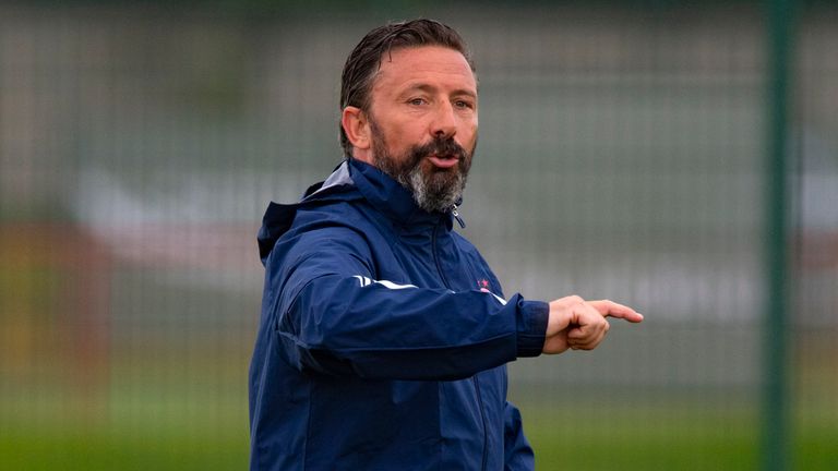 Aberdeen manager Derek McInnes issues instructions during training