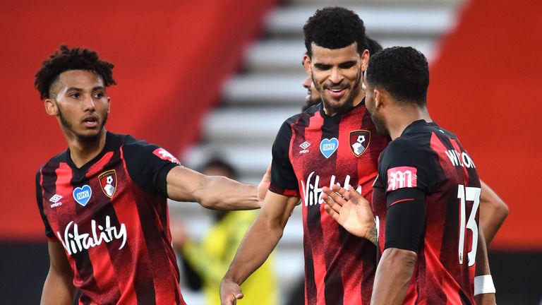 Dominic Solanke celebrates scoring against Leicester for Bournemouth