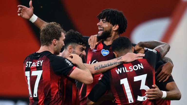 Dominic Solanke celebrates scoring for Bournemouth against Leicester 