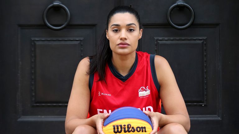 Team England Basketball player Dominique Allen poses for portraits in Centenary Square on July 14, 2020 in Birmingham, England