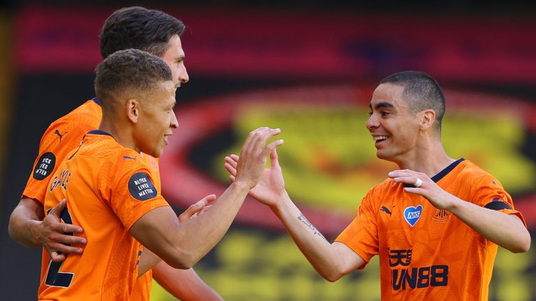Dwight Gayle celebrates his goal against Watford with Newcastle team-mate Miguel Almiron 
