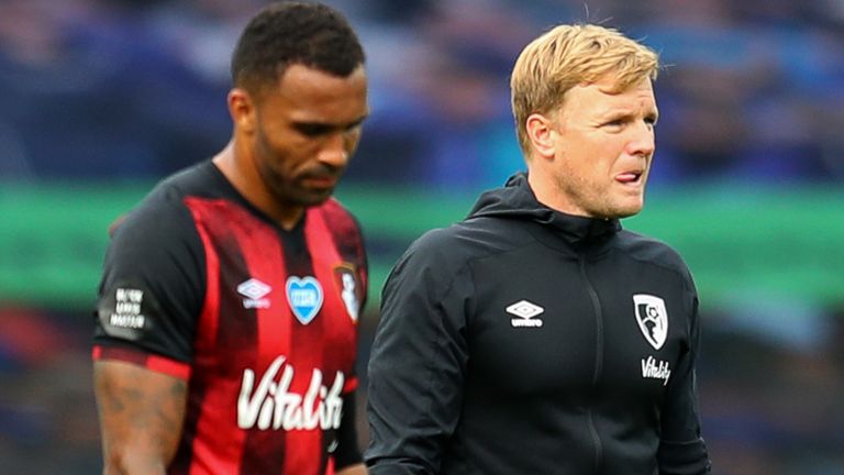 Eddie Howe and Calum Wilson look dejected following Bournemouth's relegation from the Premier League