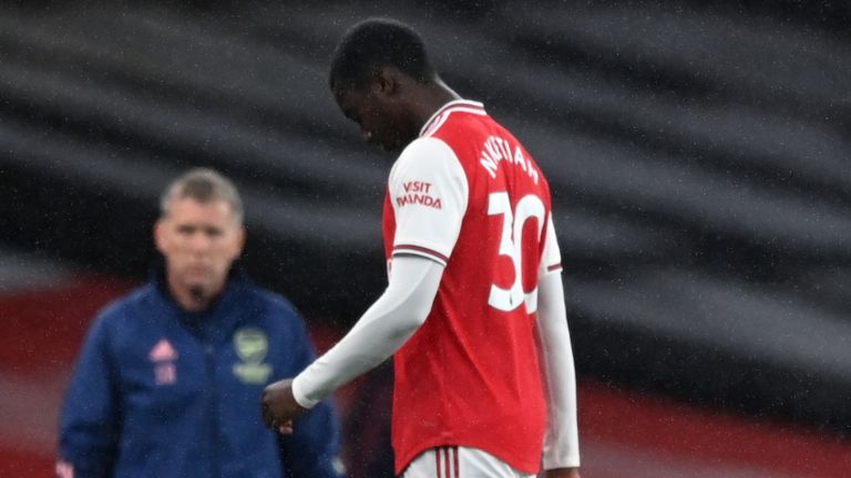 Arsenal's Eddie Nketiah after being sent off against Leicester