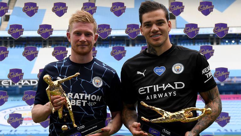 Kevin de Bruyne and Ederson pick up their Playmaker and Golden Glove Awards