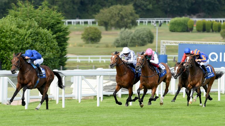 ESHER, ENGLAND - JULY 05: Ghaiyyath beats Enable (nearside) and Japan (far side) at Sandown Park Racecourse on July 05, 2020 in Esher, England. (Photo by Bill Selwyn/Pool via Getty Images)
