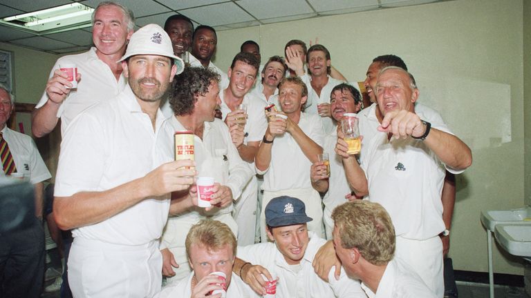 England celebrate beating West Indies in Jamaica in 1990