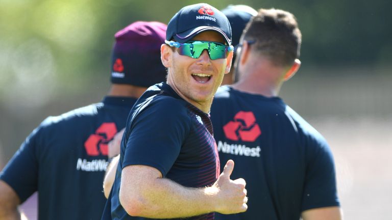 SOUTHAMPTON, ENGLAND - JULY 29: England captain Eoin Morgan shares a joke with team mates during England nets ahead of the First Royal London ODI against Ireland at Ageas Bowl on July 29, 2020 in Southampton, England