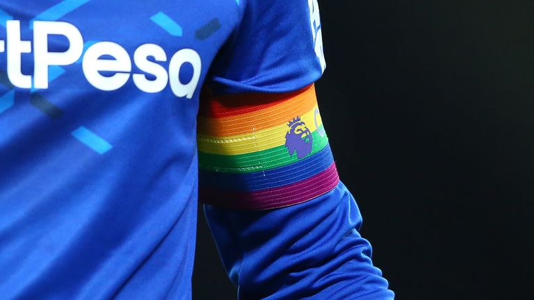 LIVERPOOL, ENGLAND - DECEMBER 04: A captains arm band in support of the Rainbow Laces campaign is seen during the Premier League match between Liverpool FC and Everton FC at Anfield on December 04, 2019 in Liverpool, United Kingdom. (Photo by Alex Livesey - Danehouse/Getty Images)