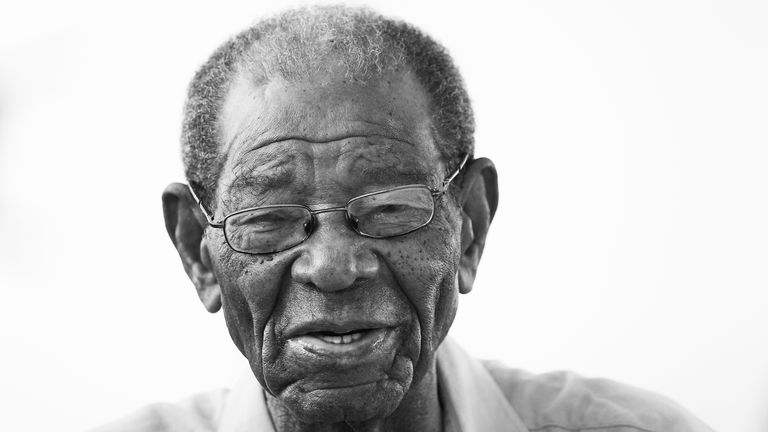 BRIDGETOWN, BARBADOS - JANUARY 26: (EDITORS NOTE this image has been converted to black and white) Ex West Indies cricketer Sir Everton Weekes during Day Four of the First Test match between England and West Indies at Kensington Oval on January 26, 2019 in Bridgetown, Barbados.