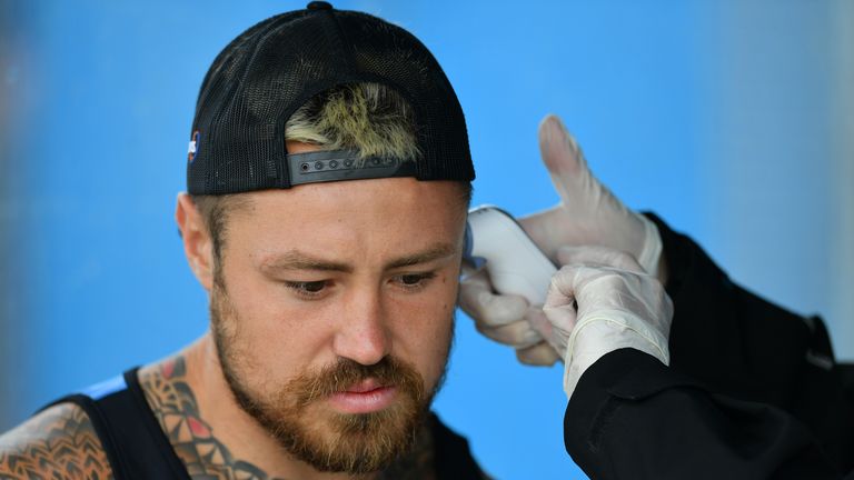 Jack Nowell of Exeter Chiefs has his temperature taken before being allowed onto the pitch prior to a training session at Sandy Park