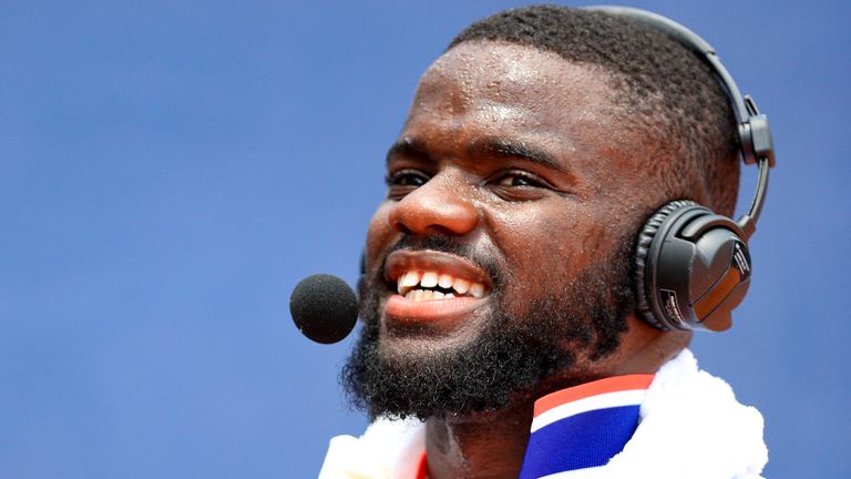 Frances Tiafoe of the United States does an interview following his win over Sam Querrey of the United States during the DraftKings All-American Team Cup on July 3, 2020 in Atlanta, Georgia