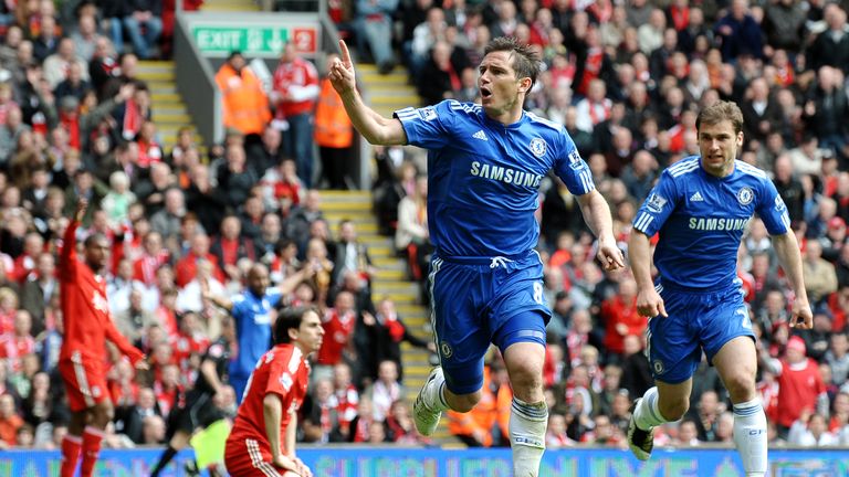 Frank Lampard scores for Chelsea at Anfield in May 2010