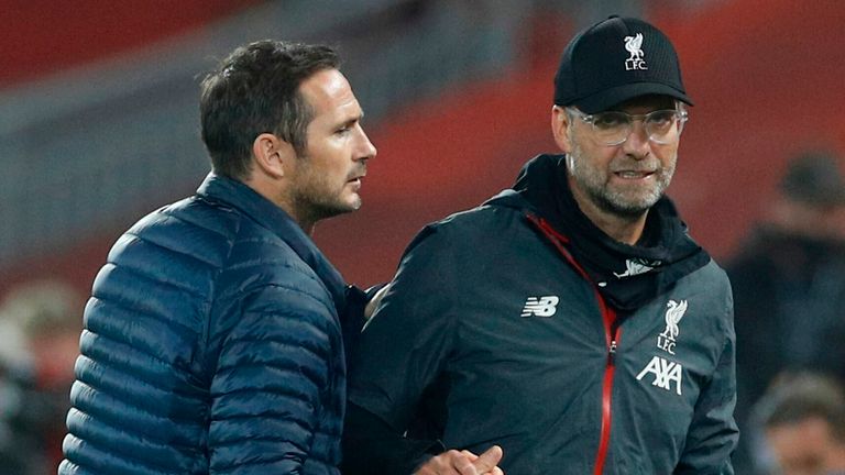 Frank Lampard shakes hands with Jurgen Klopp at the final whistle at Anfield