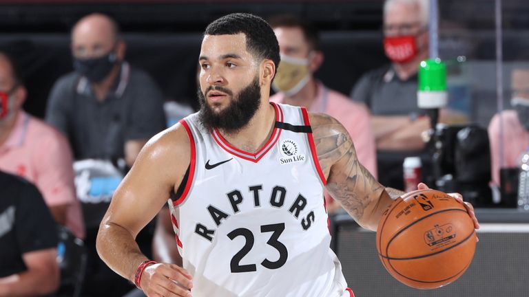 Fred VanVleet handles the ball for the Raptors during a scrimmage game in Orlando