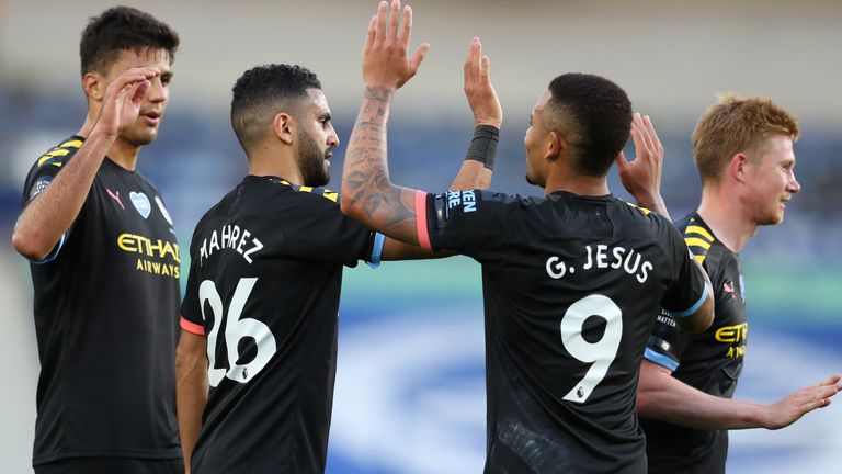 Manchester City's Gabriel Jesus celebrates scoring his side's second goal of the game during the Premier League match at the Amex Stadium, Brighton