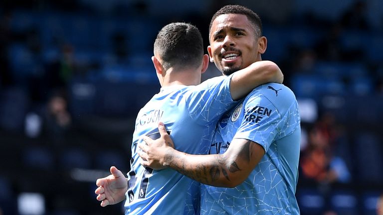 Gabriel Jesus celebrates with teammate Phil Foden after scoring the opening goal against Norwich