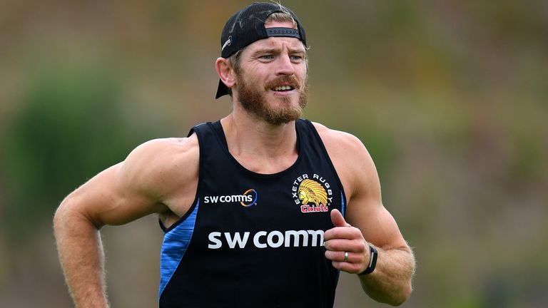 Gareth Steenson of Exeter Chiefs runs during a training session at Sandy Park on June 12, 2020 in Exeter, England. Exeter Chiefs were allowed to start Stage One of the Premiership Rugby return to play protocol by observing strict social distancing measures