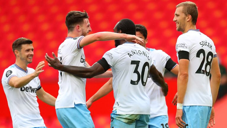 West Ham celebrate after Michail Antonio puts them ahead at Manchester United