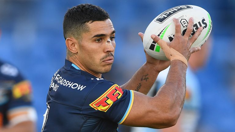 GOLD COAST, AUSTRALIA - JULY 04: Jamal Fogarty of the Titans runs the ball during the round eight NRL match between the Gold Coast Titans and the Cronulla Sharks at Cbus Super Stadium on July 04, 2020 in Gold Coast, Australia. (Photo by Ian Hitchcock/Getty Images)